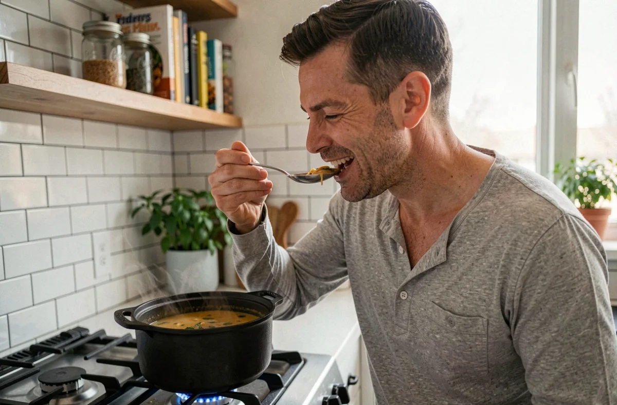 Homme goûtant une soupe maison dans une cuisine moderne et chaleureuse, moment authentique de cuisine du quotidien