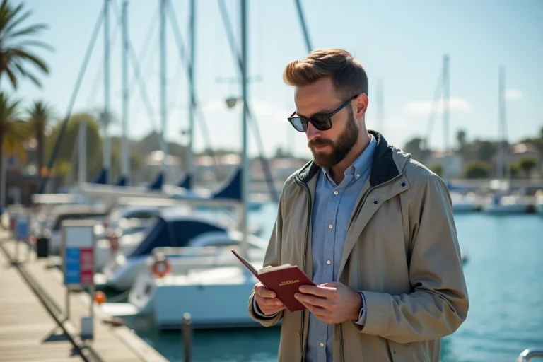 Homme examinant sa licence de bateau au port