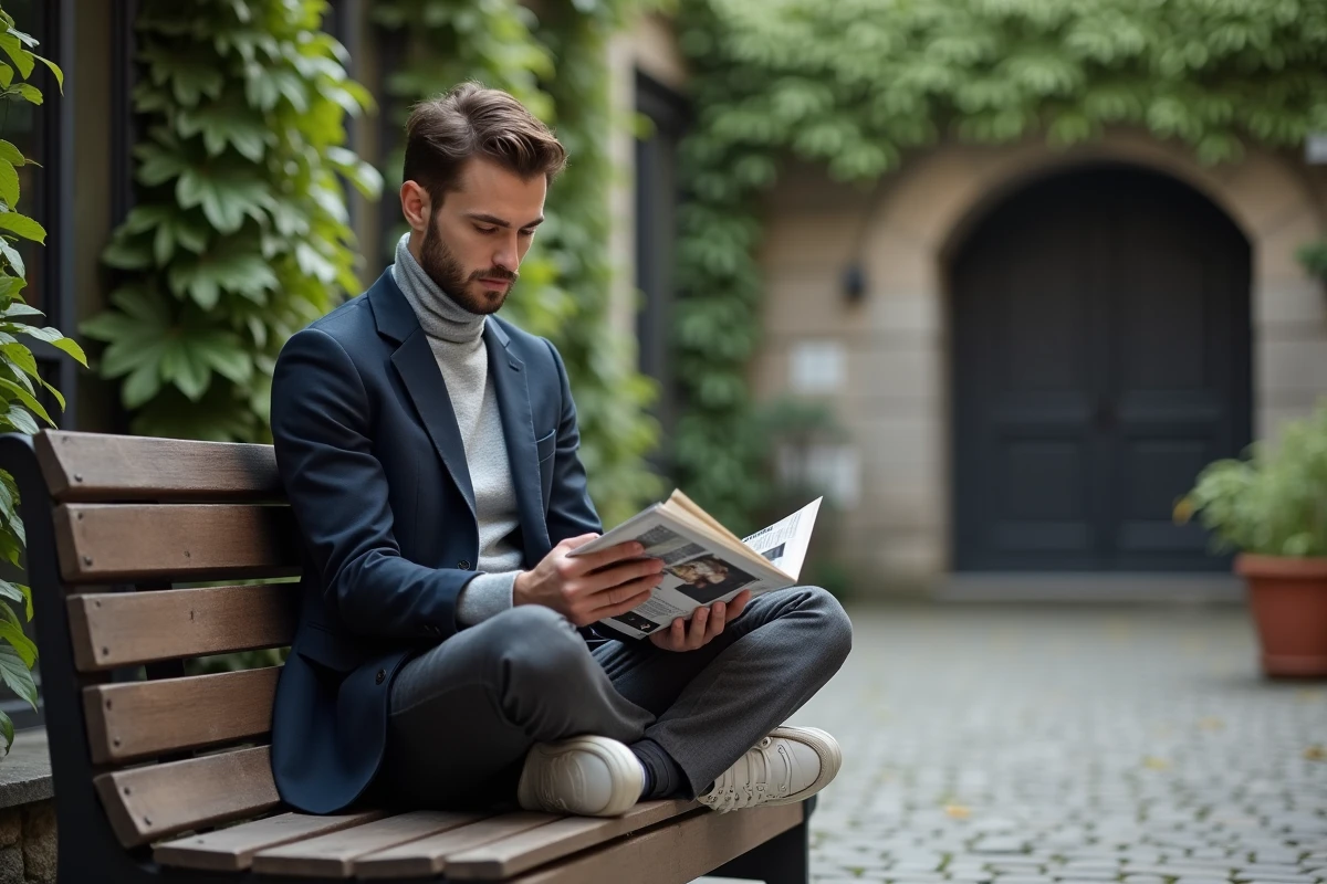 Homme tendance en tenue casual-chic feuilletant un magazine de mode dans une cour urbaine pavée