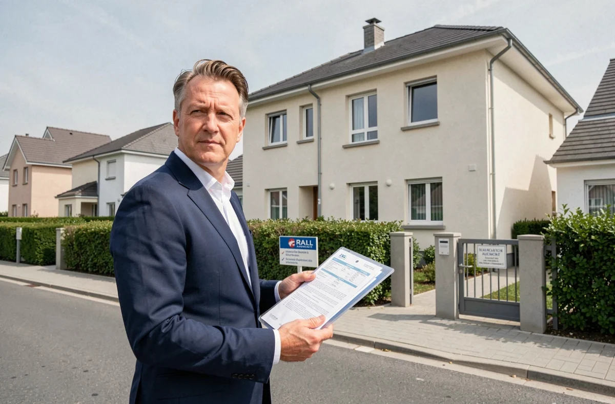 Homme d'affaires devant une maison neuve en banlieue française avec des documents de financement immobilier