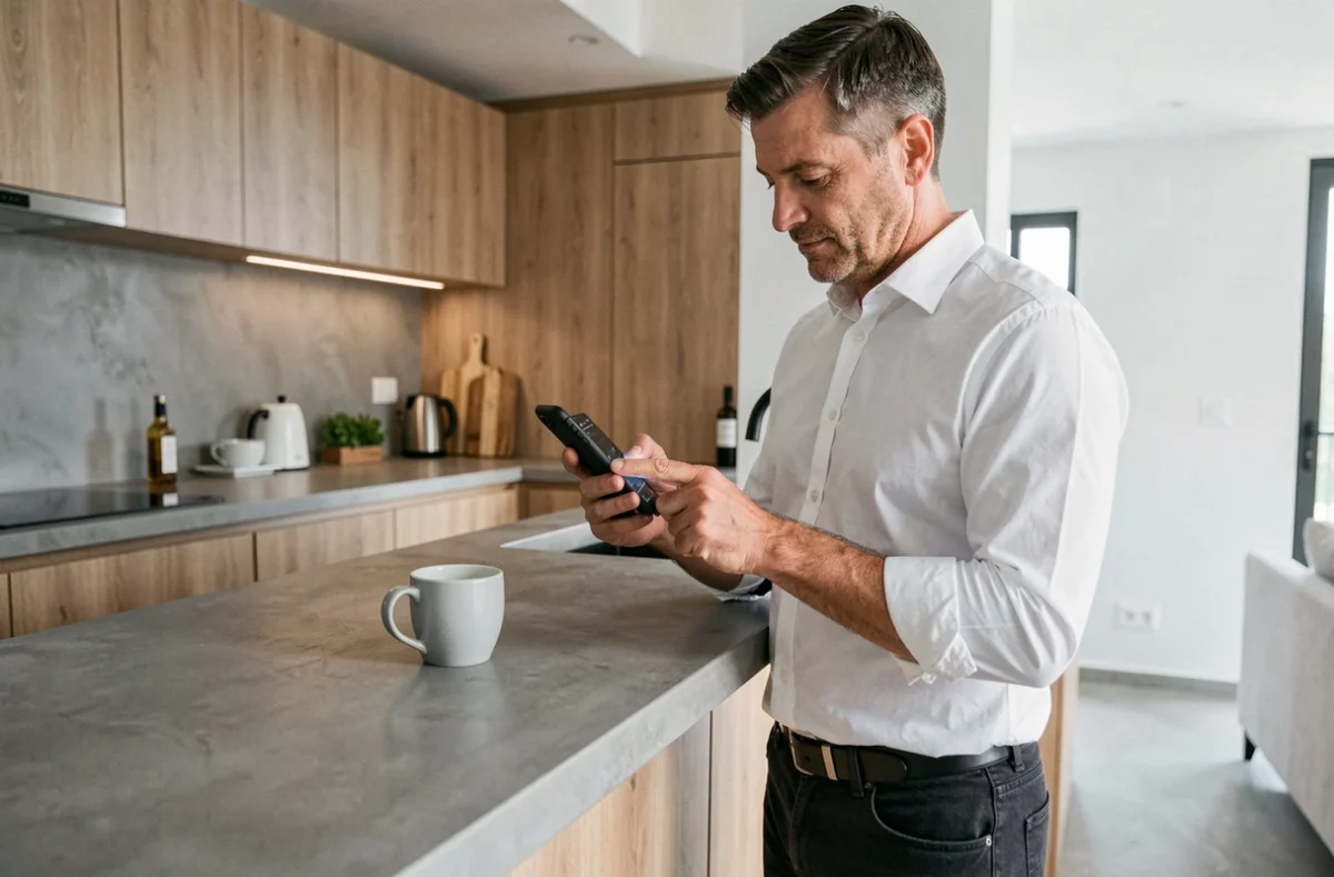 Homme consultant son smartphone pour planifier un rendez-vous en ligne dans une cuisine moderne