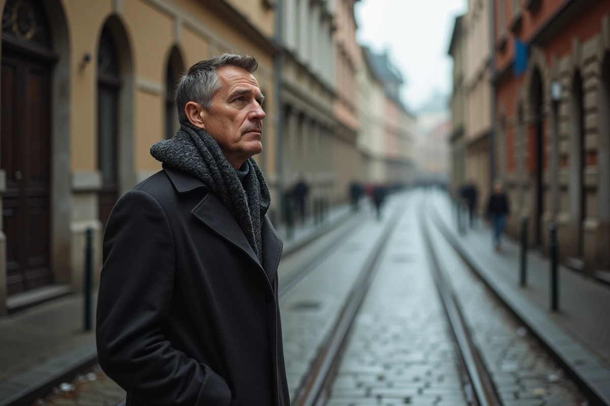 Homme méditatif sur une rue pavée européenne
