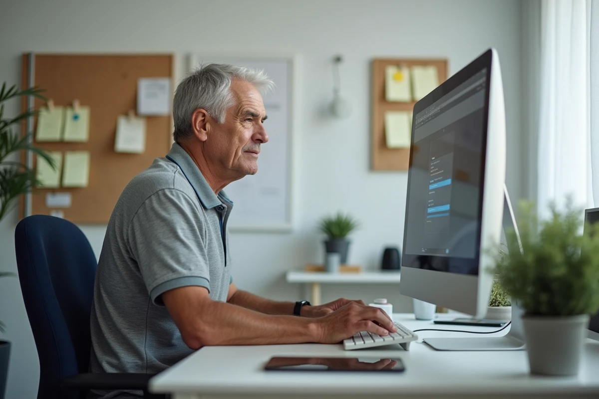 Homme senior organisant les raccourcis de son ordinateur de bureau dans un bureau à domicile bien rangé