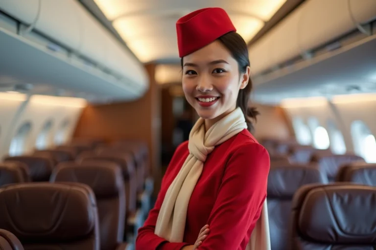 Hôtesse de l'air souriante en cabine premium