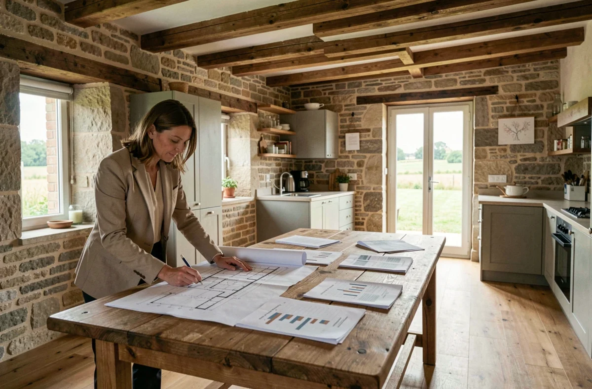 Femme investisseuse analysant des plans immobiliers dans une ferme bretonne rénovée à Plaintel, illustrant le potentiel du marché immobilier local