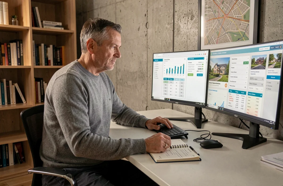 Homme investisseur immobilier analysant des tableaux de bord financiers et des portails immobiliers depuis son bureau à domicile