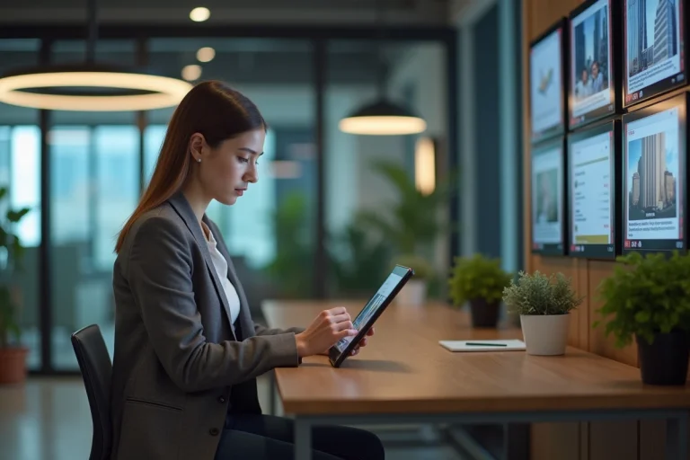 Jeune femme au bureau utilisant une tablette dans un espace moderne