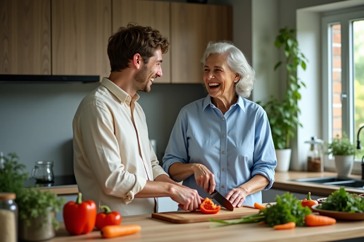 Jeune homme et femme âgée coupant des légumes dans une cuisine moderne