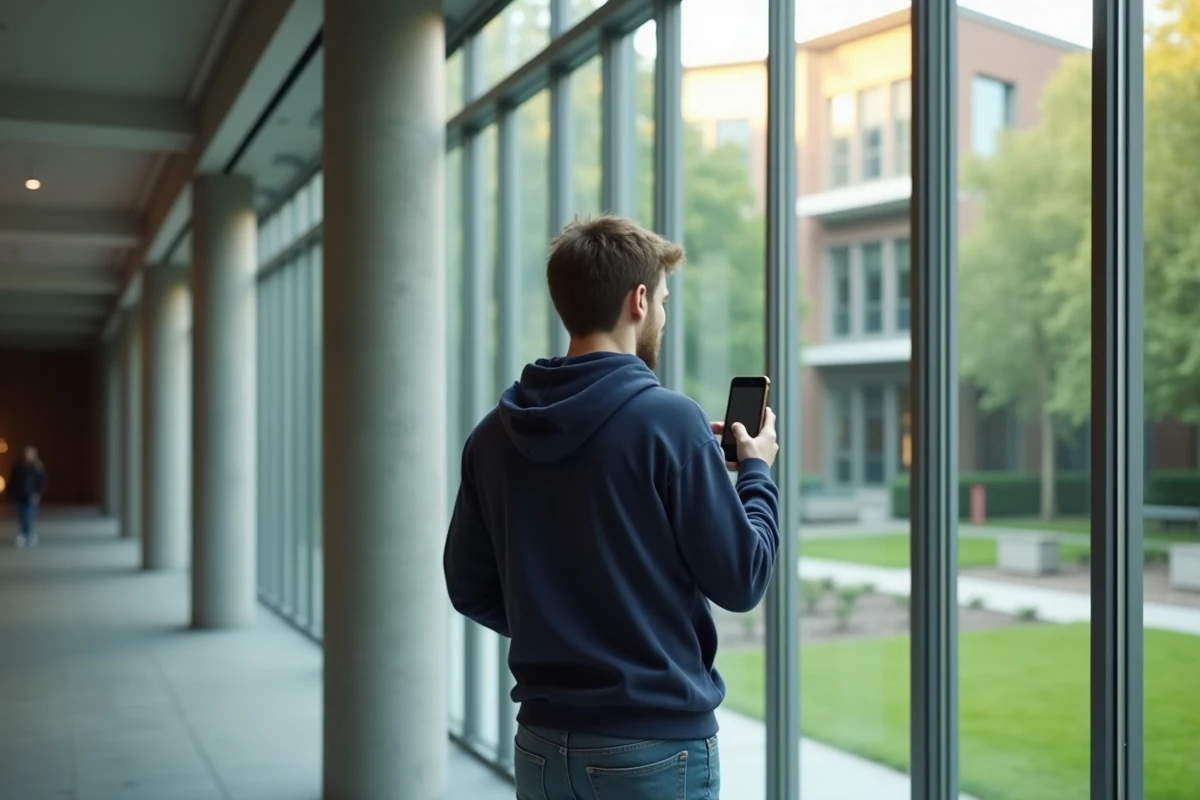 Jeune homme étudiant utilisant son smartphone près d une fenêtre