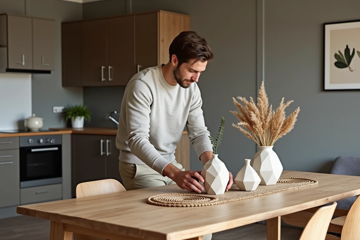 Jeune homme posant des vases en céramique sur une table en bois