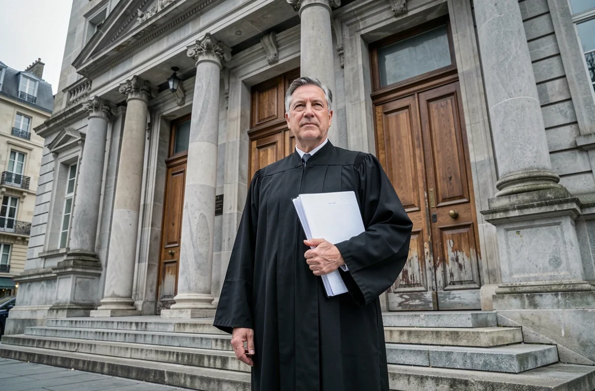 Juge en robe noire devant la façade en pierre d'un palais de justice français