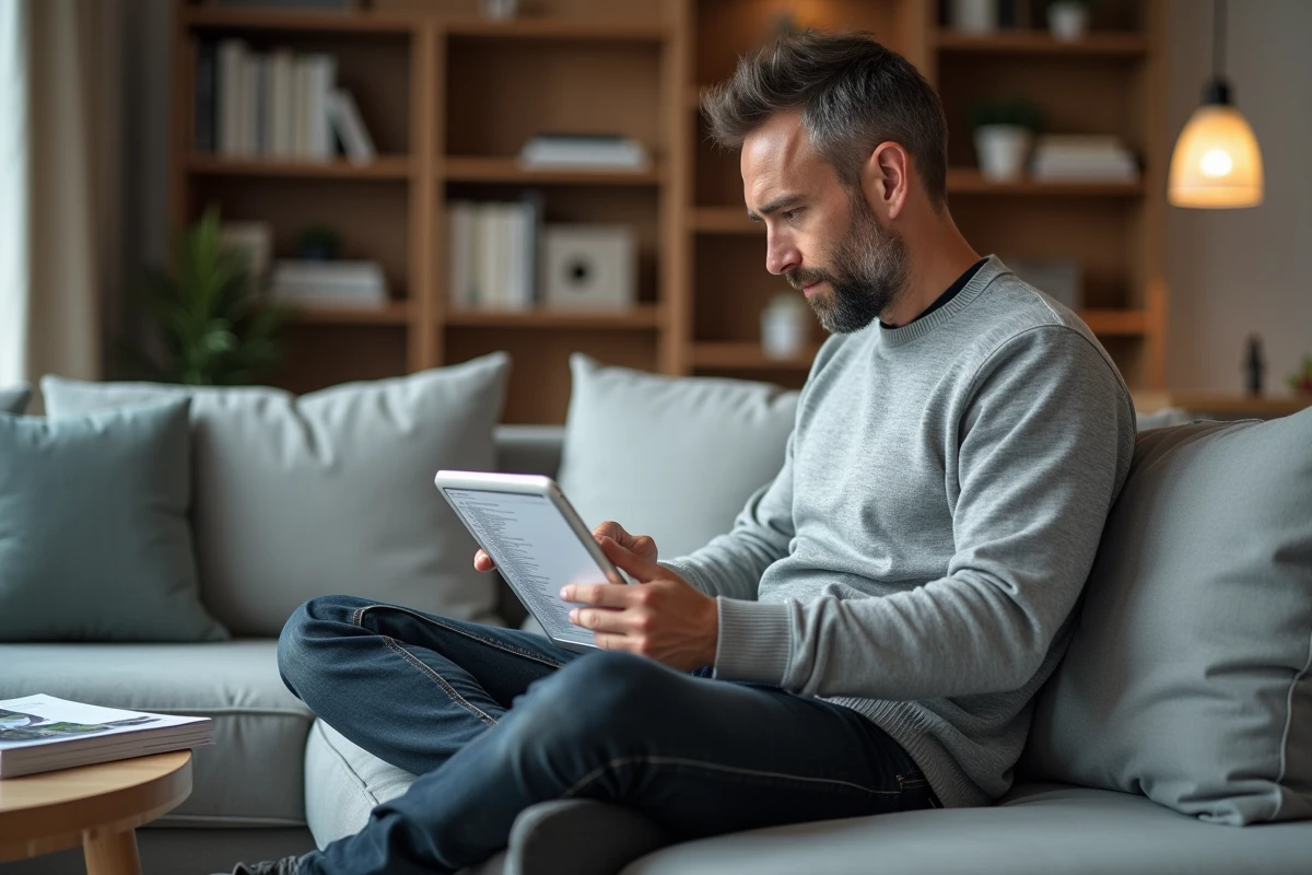 Homme consultant le sitemap XML d'un site immobilier sur une tablette dans un salon moderne