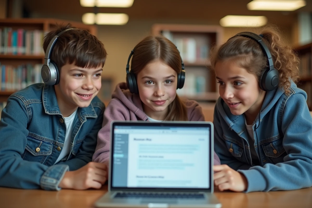 Groupe de collégiens utilisant un logiciel de dictée vocale sur ordinateur portable dans une bibliothèque scolaire pour surmonter les difficultés d'apprentissage