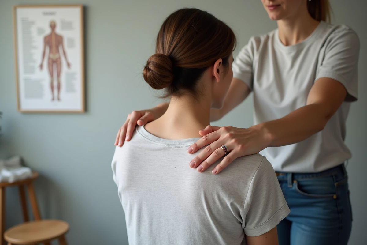 Gros plan des mains d'un praticien en somatopathie posées sur les épaules d'un patient, illustrant les risques d'une thérapie manuelle non conventionnelle