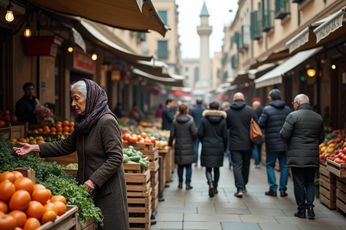 Marché animé à Constantine avec vendeuse de légumes et passants
