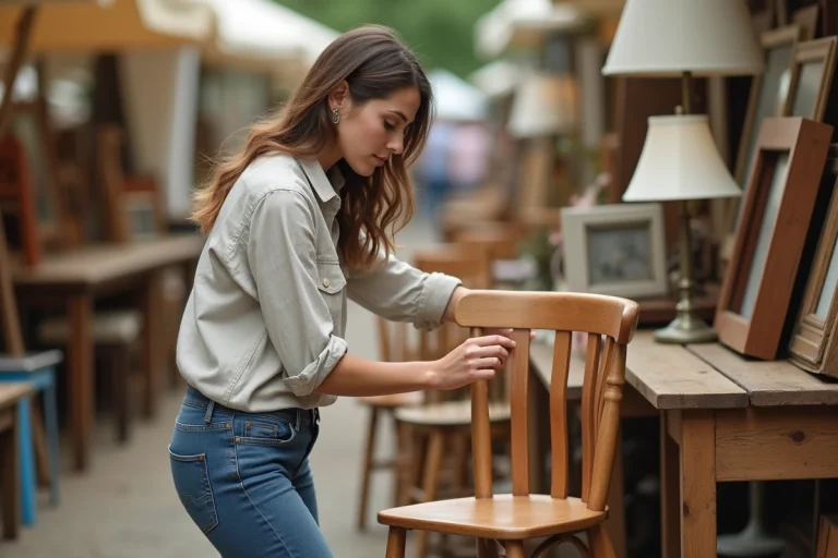 Femme inspectant une chaise vintage en bois sur un marché aux puces pour trouver du mobilier design pas cher