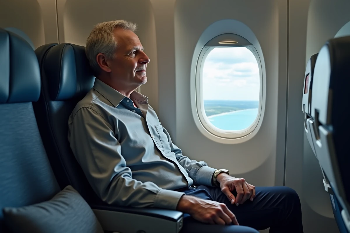 Homme regardant par le hublot d'un avion en vol, illustrant les options de transport aérien pour voyager à l'étranger