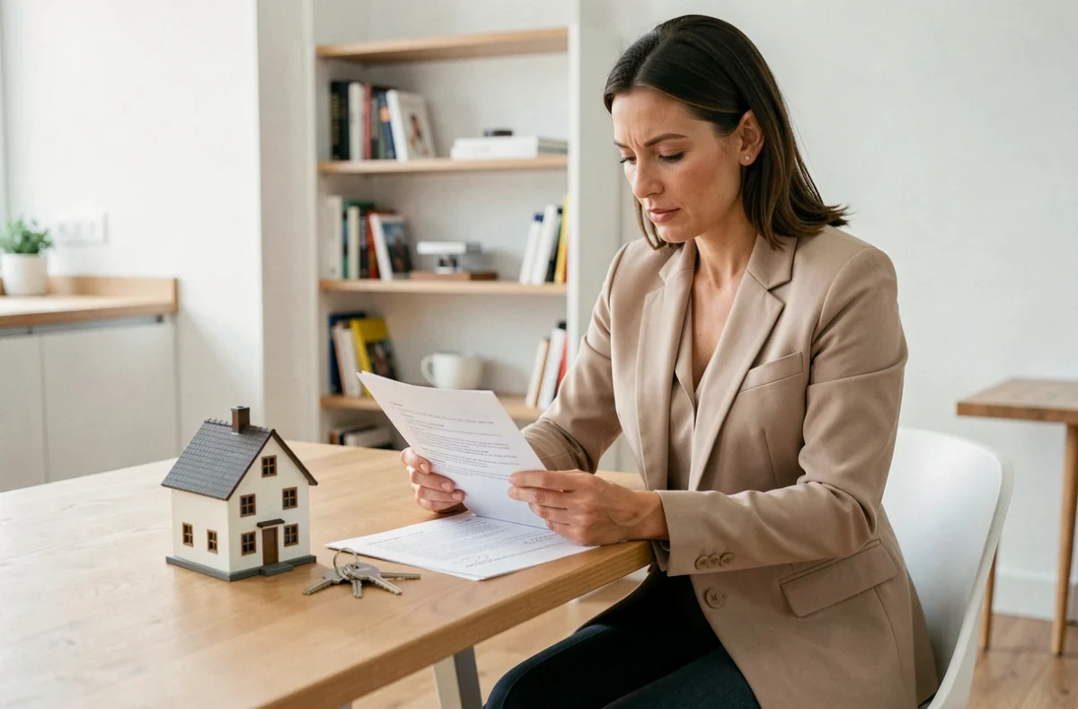 Propriétaire vérifiant un contrat de location dans un appartement moderne avec des clés et une maquette de maison sur la table