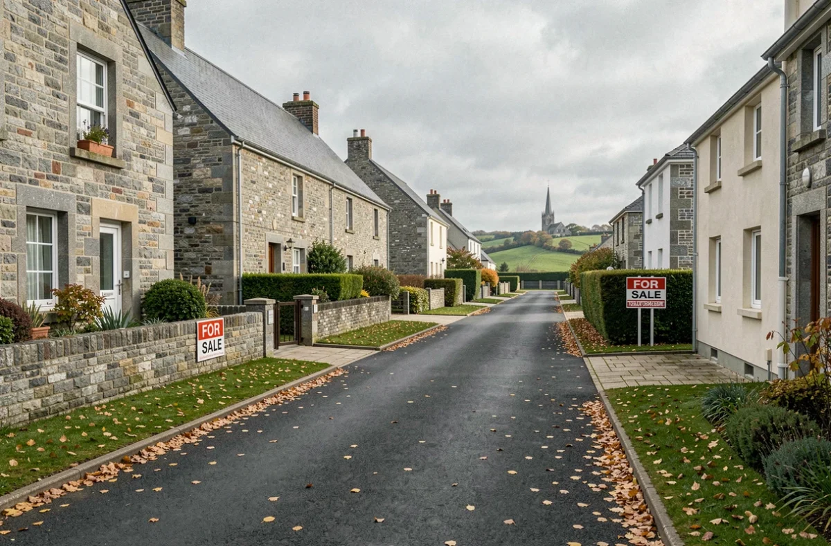 Vue panoramique d'un quartier résidentiel à Plaintel avec maisons bretonnes à vendre, illustrant le marché immobilier local en 2024