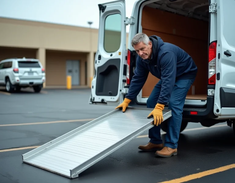 Homme utilisant une rampe de chargement en aluminium pour charger du matériel dans un utilitaire blanc dans un parking