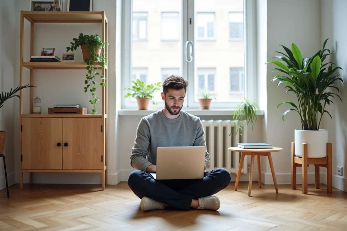 Homme recherchant du mobilier design abordable en ligne depuis son appartement minimaliste avec des meubles scandinaves