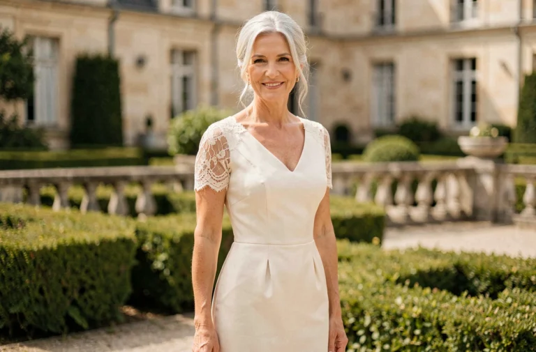 Femme senior élégante en robe de mariée ivoire en soie et dentelle dans un jardin de château français