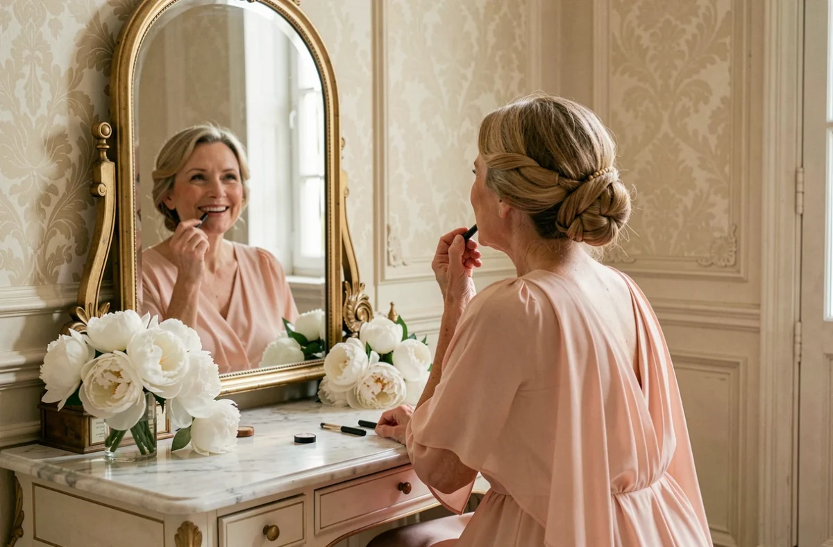 Mariée senior en robe de mariée en mousseline rose poudré se préparant devant un miroir dans une chambre élégante