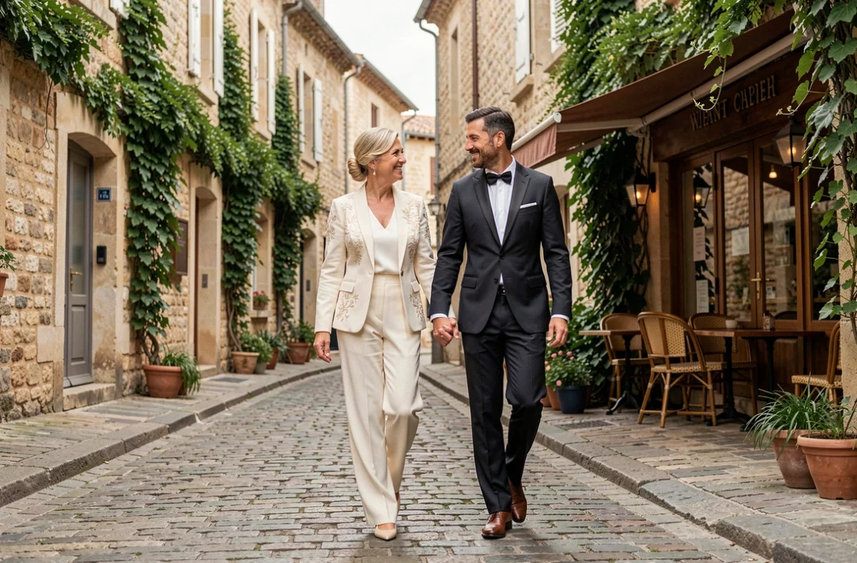 Mariée senior en tailleur pantalon crème brodé marchant avec son partenaire dans un village français pittoresque