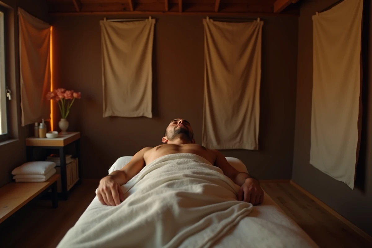 Homme allongé sur une table de soin lors d'une séance de somatopathie dans un espace de thérapie alternative