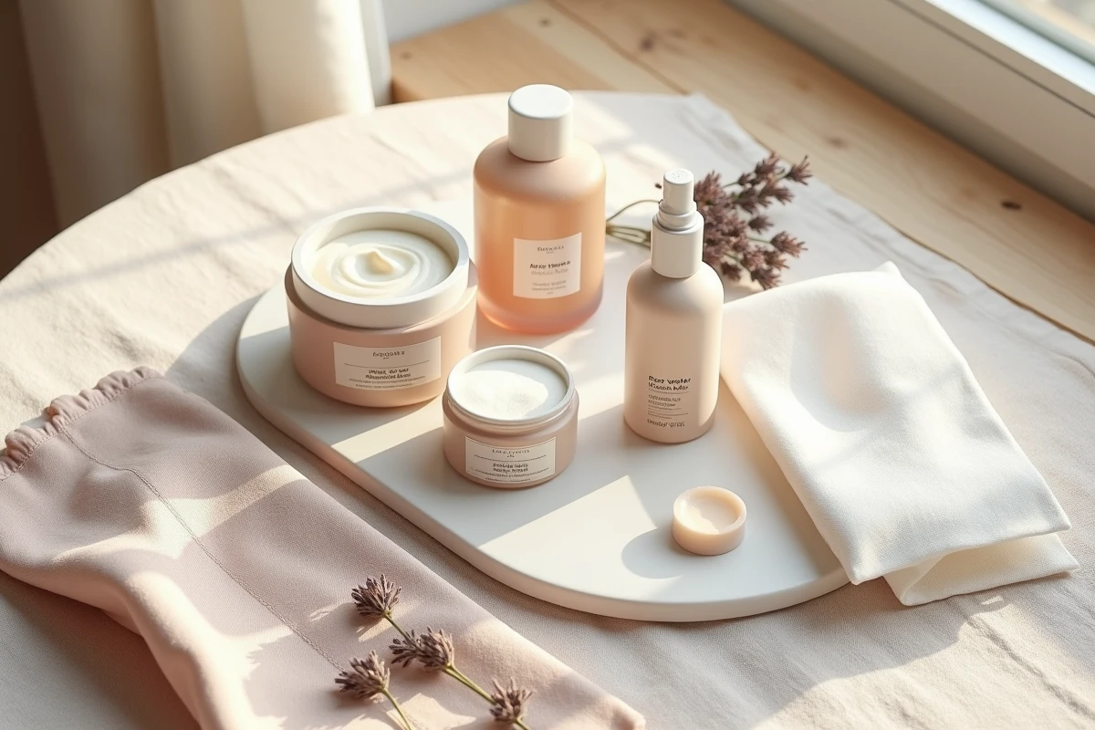 Sélection de soins visage haut de gamme en flat lay sur lin beige, produits essentiels pour une routine beauté éclatante