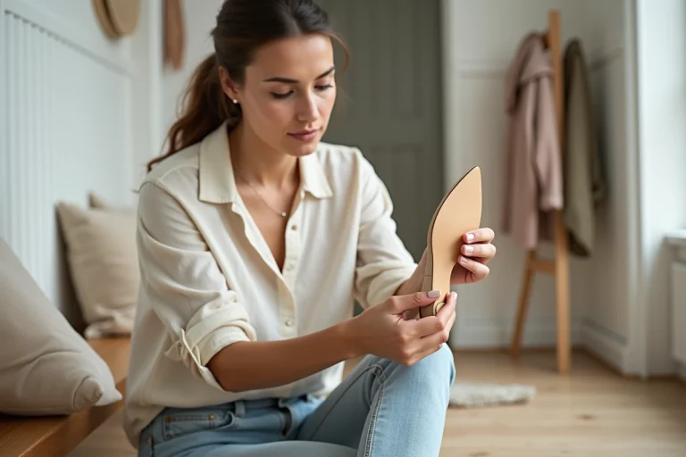 Femme insérant une semelle intérieure dans une chaussure à talon trop grande, assise dans un couloir d'entrée style scandinave