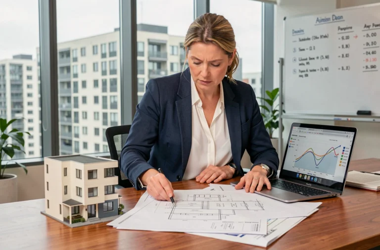 Femme cadre analysant des plans immobiliers et des données de marché dans un bureau moderne avec vue sur la ville