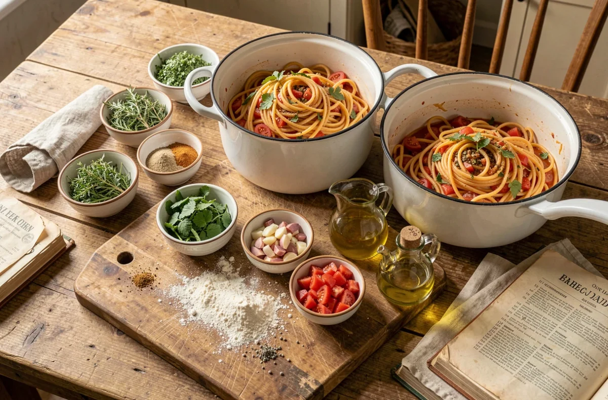 Table de cuisine avec ingrédients frais, herbes, épices et pâtes en cours de préparation, inspiration recettes gourmandes du quotidien