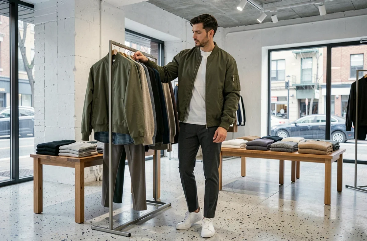 Homme en bomber jacket olive dans un concept store minimaliste, tendances mode masculine saison