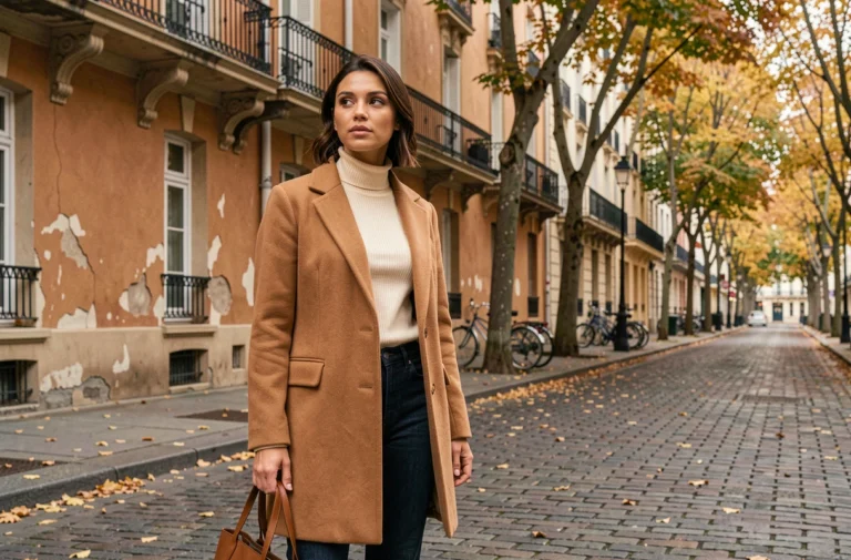 Femme élégante en manteau camel et jean droit dans une rue pavée parisienne en automne, tendances mode saison
