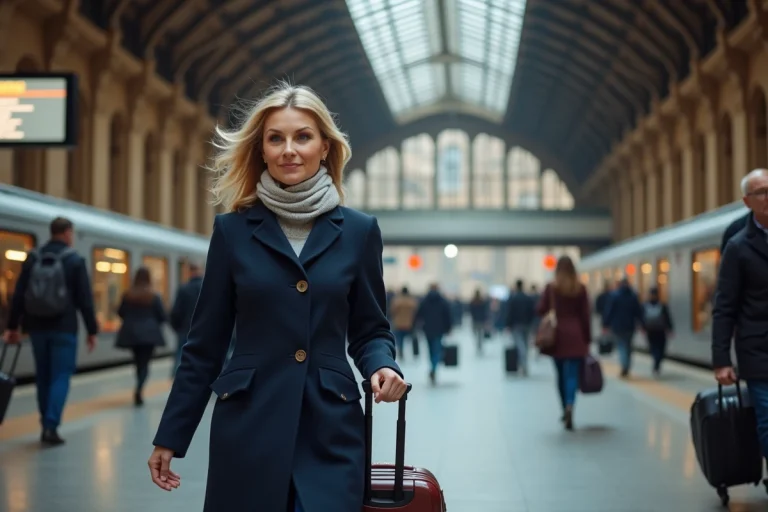 Femme tirant une valise sur le quai d'une gare française, illustrant les options de transport ferroviaire en France